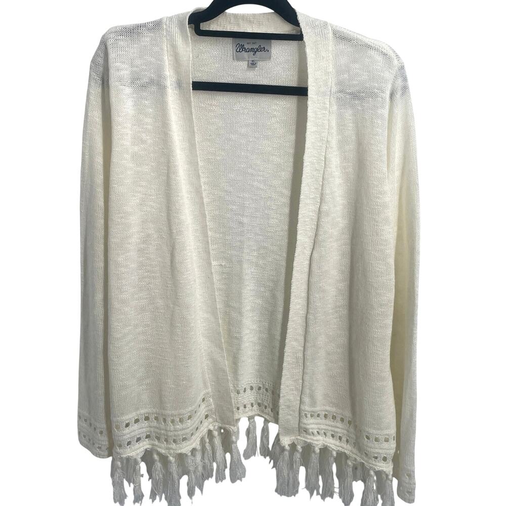 Wrangler Womens Cream Western Boho Festival LS Fringe Knit Lite Cardigan Sz XL